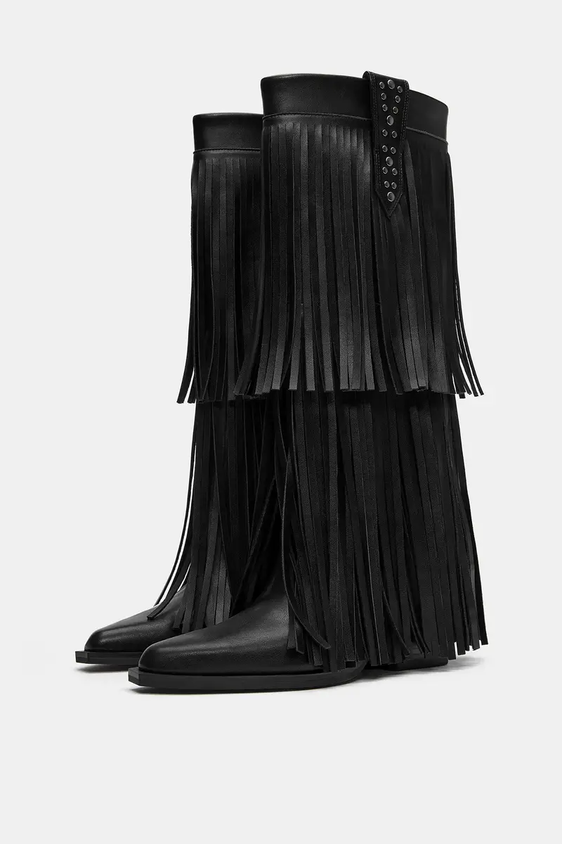 Stivali Cowboy Con Frange Nero miniatura 2