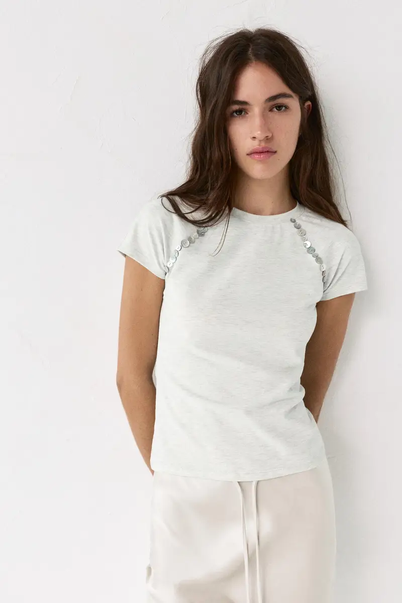 T-Shirt Con Bottoni Beige chiaro miniatura 2