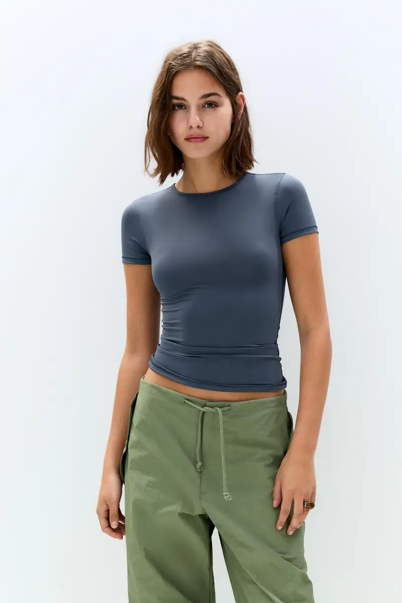 T-Shirt In Poliammide A Maniche Corte Blu marino miniatura 2