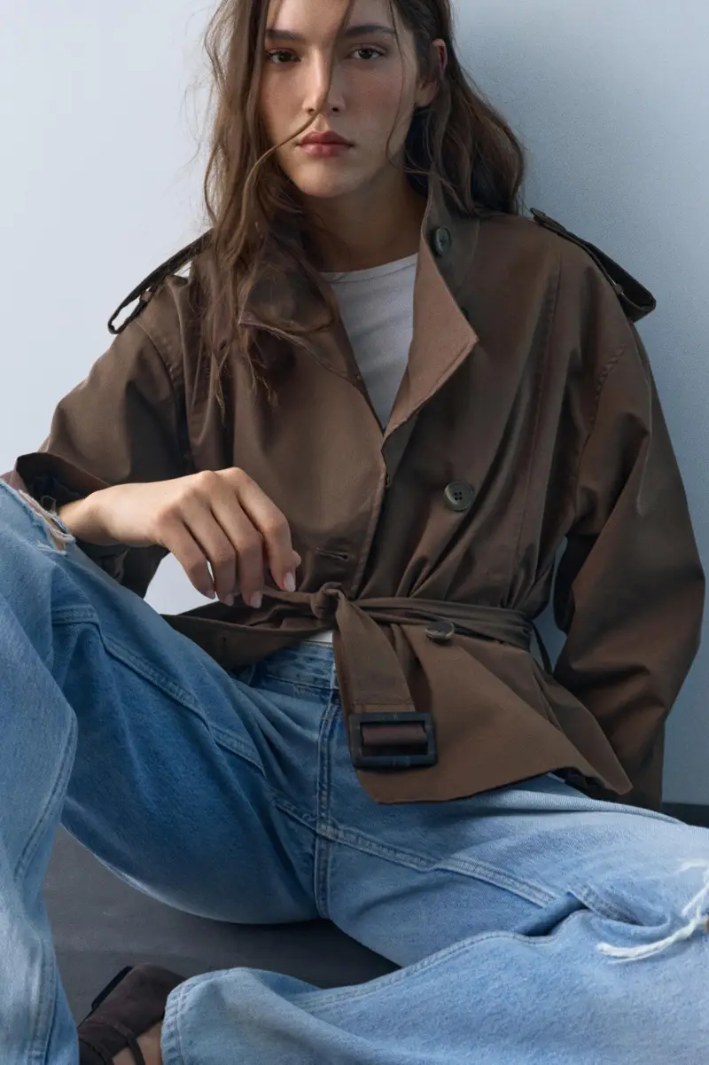 Trench Corto Collo Alto Marrone miniatura 2