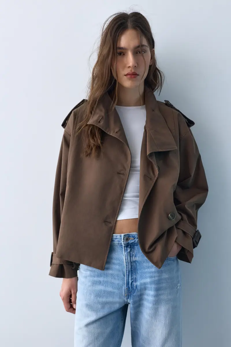 Trench Corto Collo Alto Marrone miniatura 3