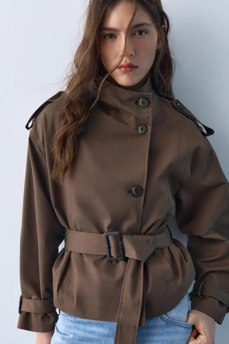 Trench Corto Collo Alto Marrone