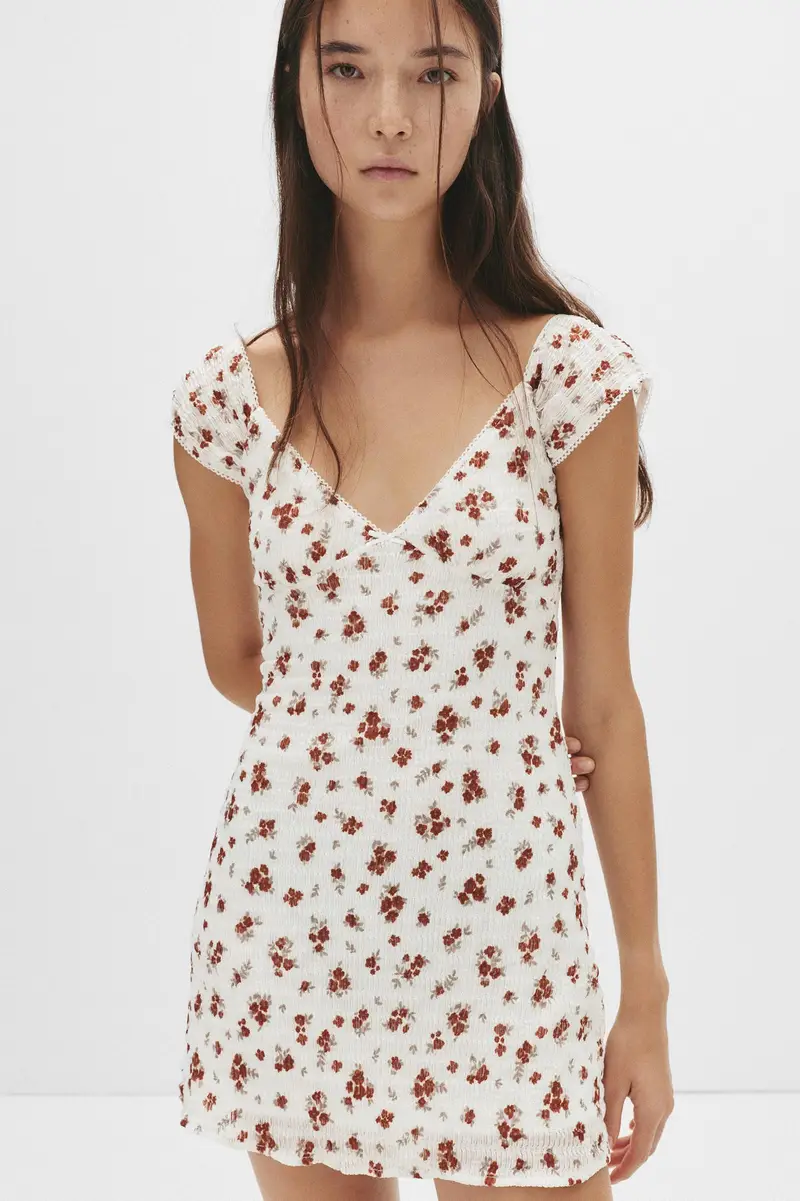 Vestito Corto A Fiori Con Texture Rame