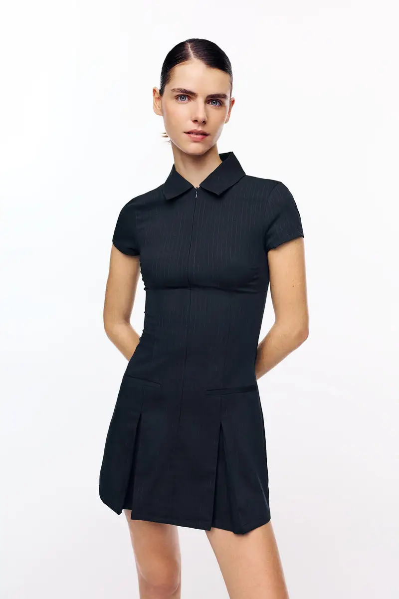 Vestito Corto A Pieghe Blu marino oscuro