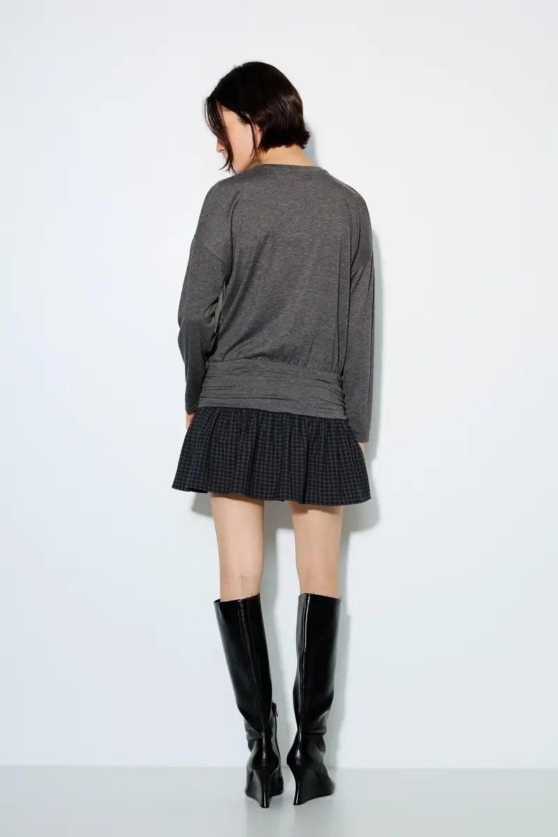 Vestito Corto Combinato A Quadri Grigio oscuro miniatura 3