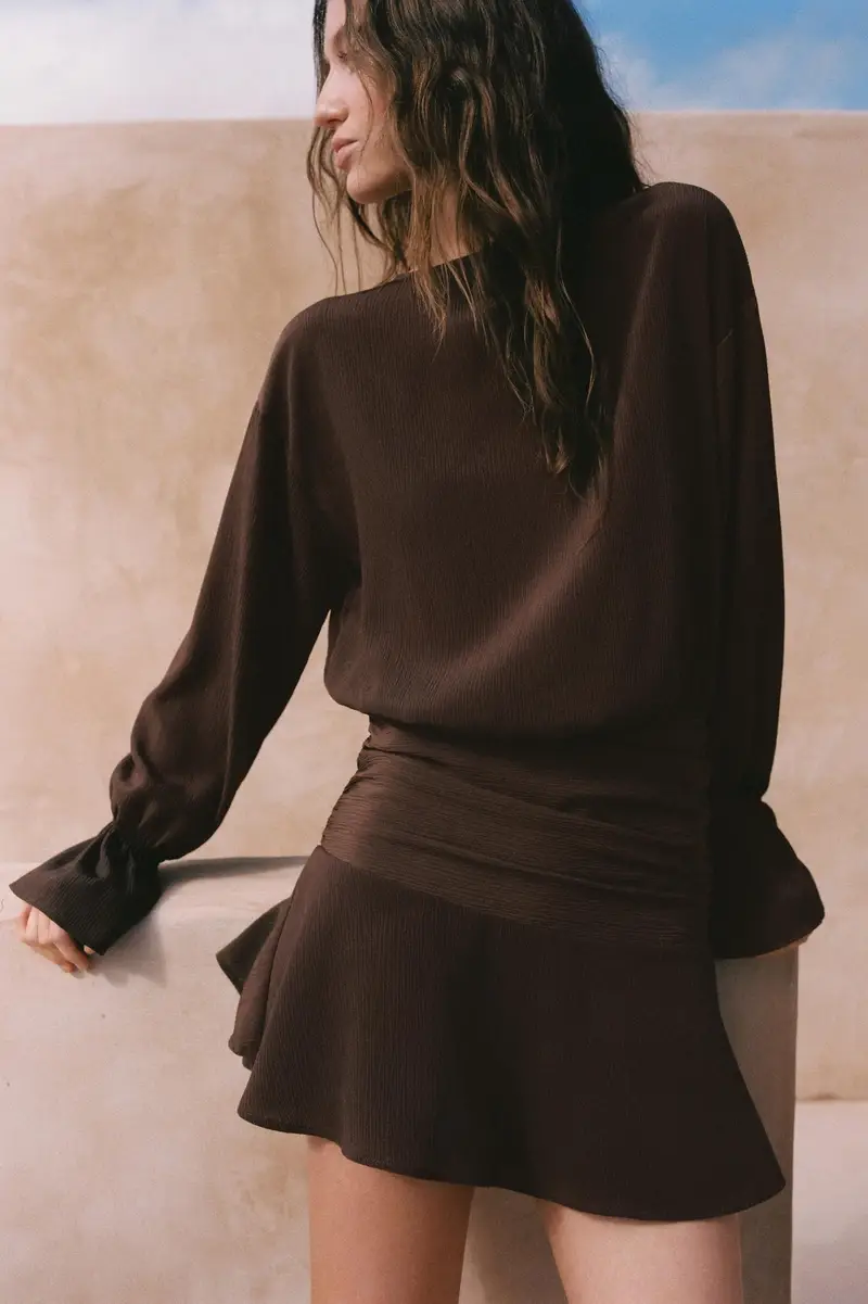 Vestito Corto Con Volant Marrone miniatura 3