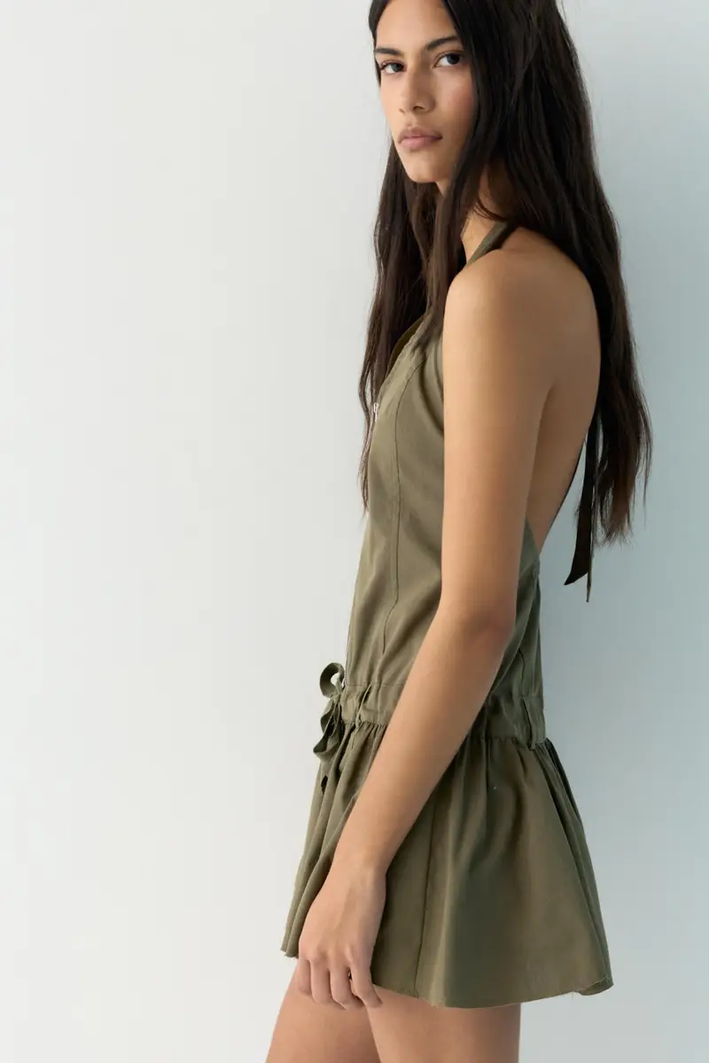 Vestito Corto Halter Con Cerniera Kaki