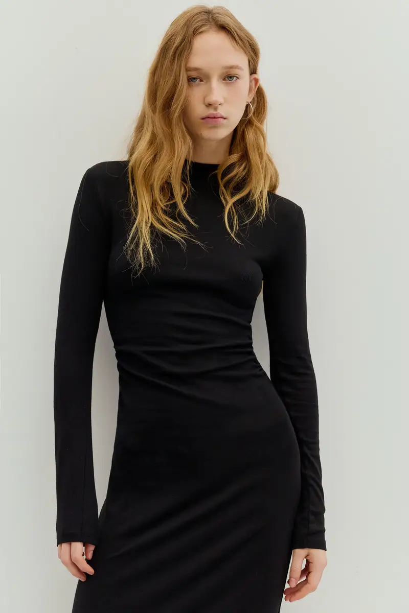 Vestito Midi Arricciato Nero miniatura 3