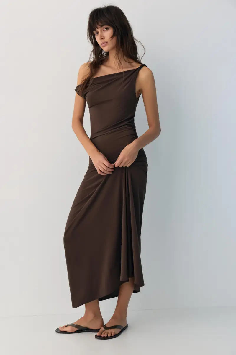 Vestito Midi Asimmetrico Marrone