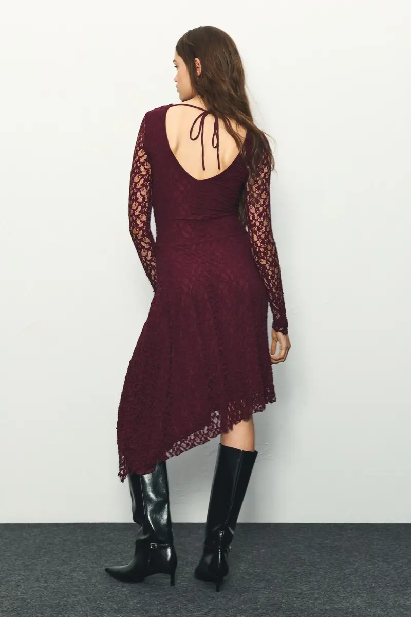 Vestito Midi In Pizzo Burgundy miniatura 2