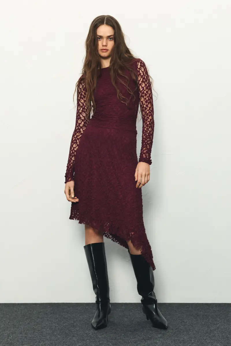 Vestito Midi In Pizzo Burgundy