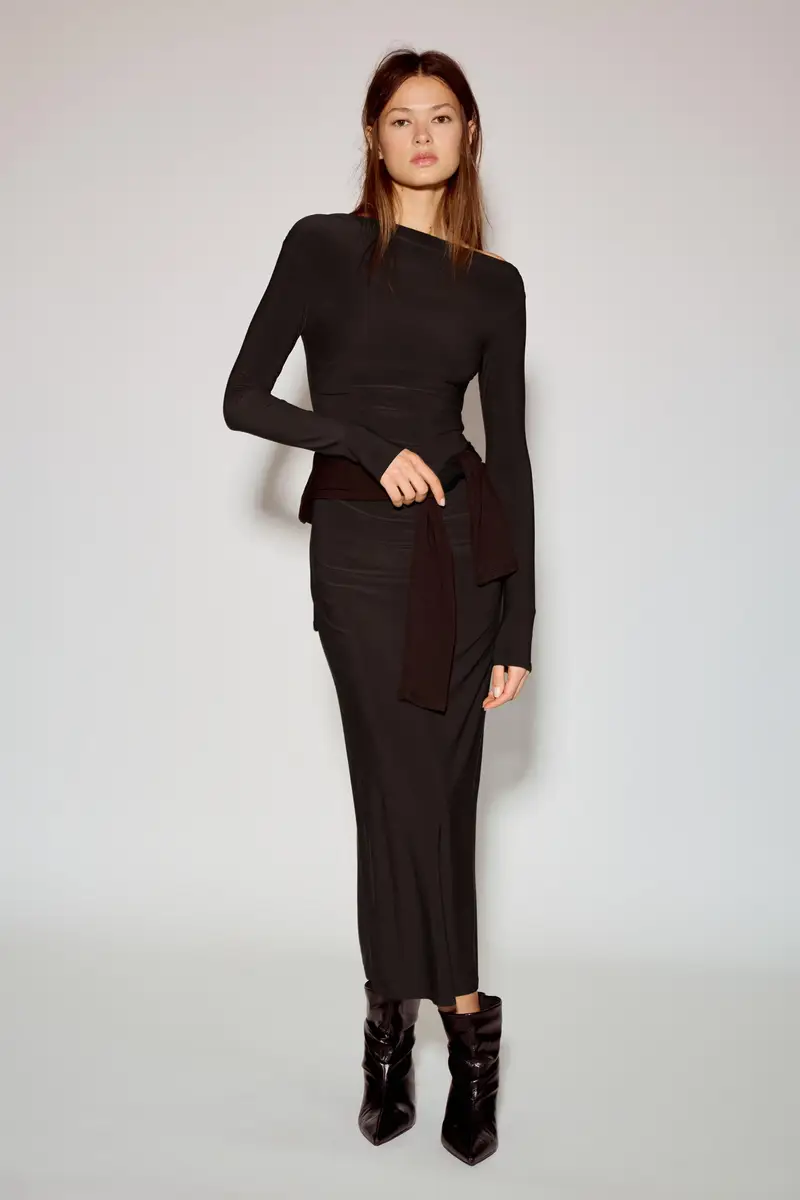 Vestito Midi Morbido Drappeggiato Marrone