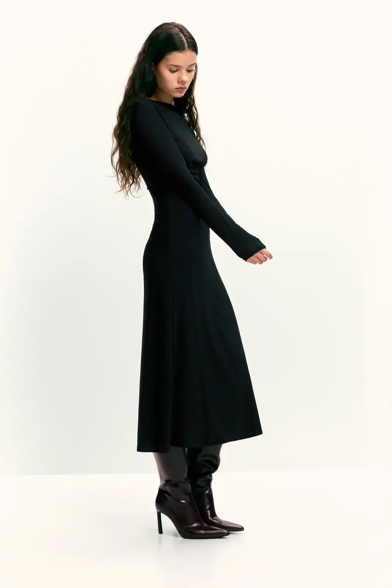 Vestito Midi Morbido Drappeggiato Nero miniatura 2