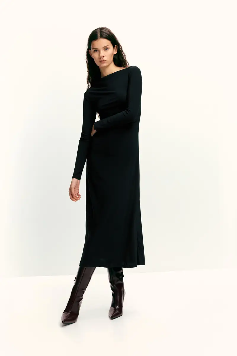 Vestito Midi Morbido Drappeggiato Nero