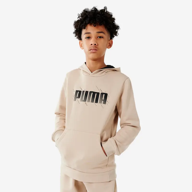 Felpa bambino ginnastica Puma misto cotone felpato con cappuccio beige e stampa | Puma