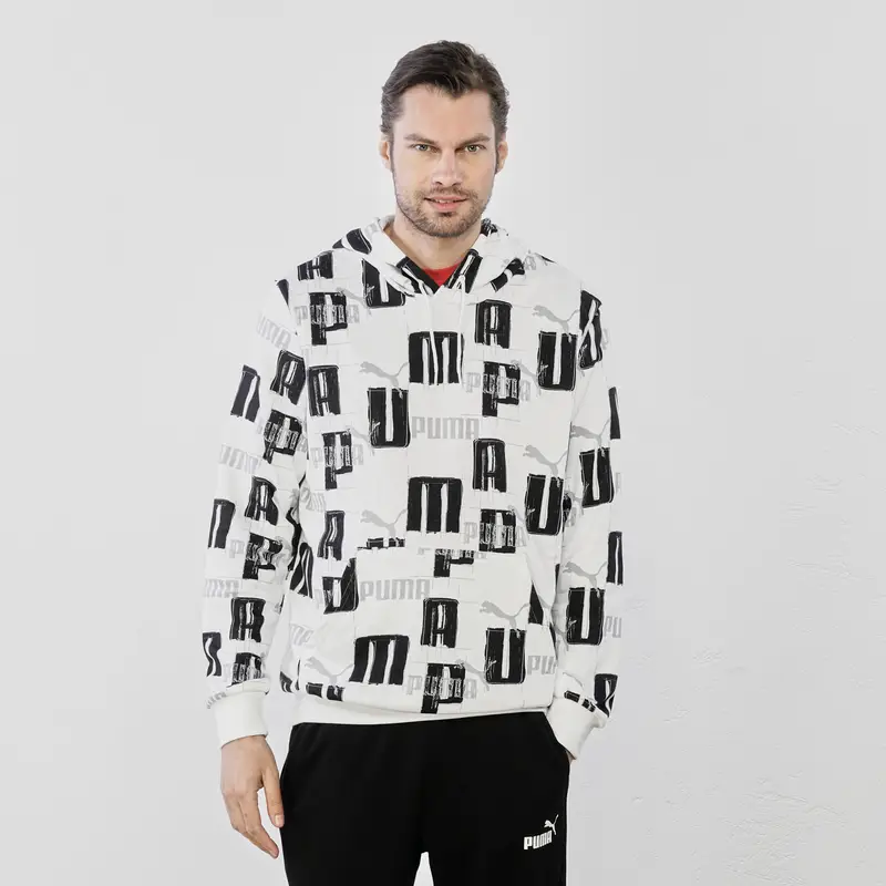 Felpa bianca con stampa multi-logo con tasca e cappuccio