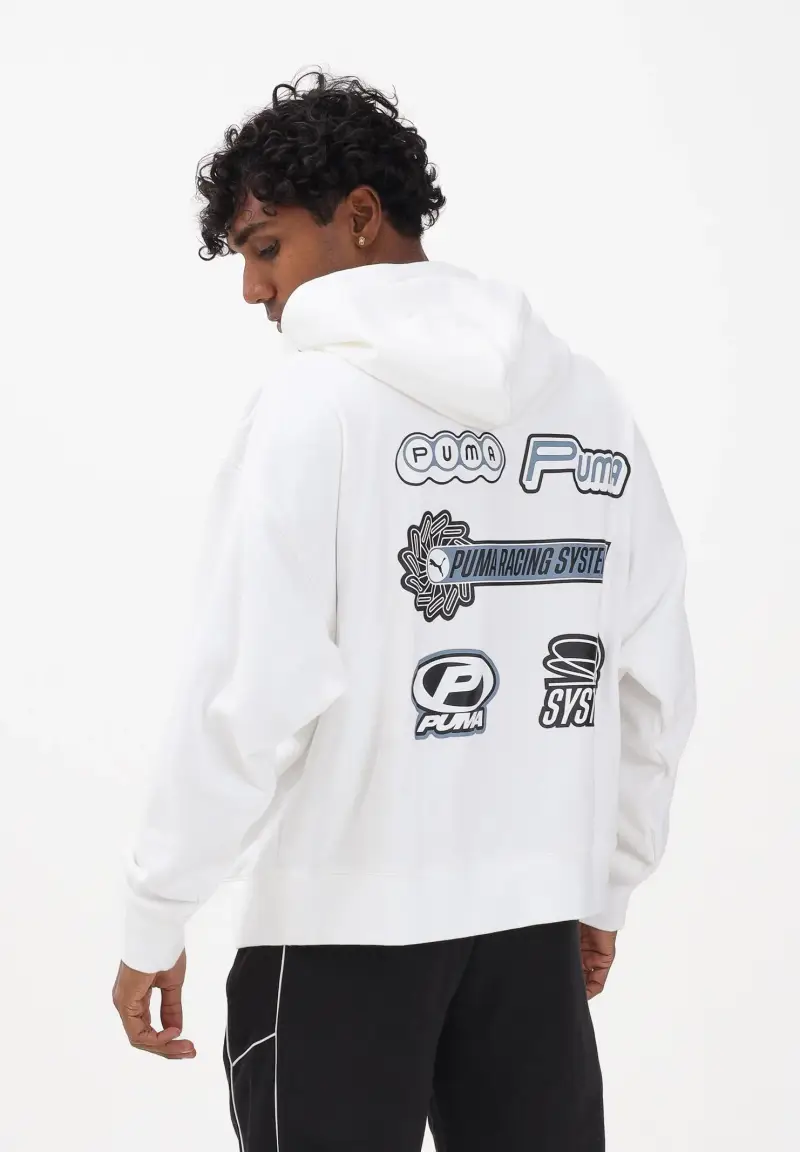 Felpa con cappuccio bianca da uomo con logo nero stampato miniatura 2