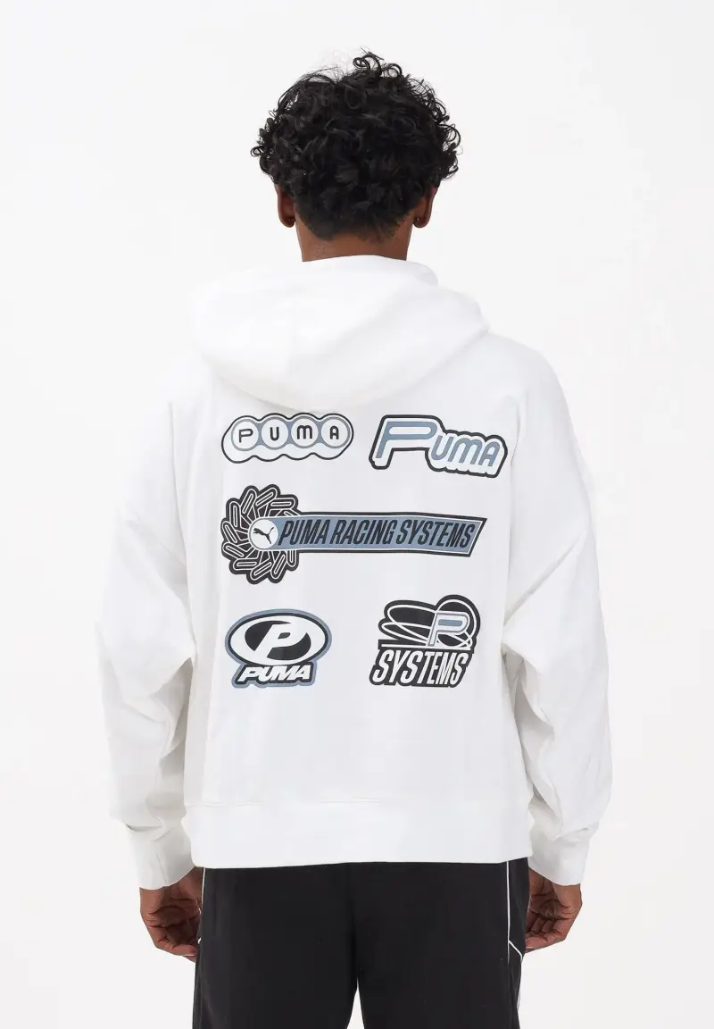 Felpa con cappuccio bianca da uomo con logo nero stampato miniatura 3