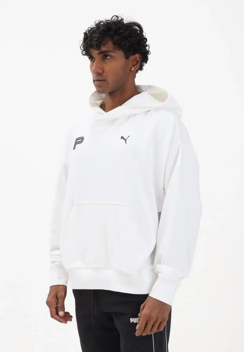 Felpa con cappuccio bianca da uomo con logo nero stampato