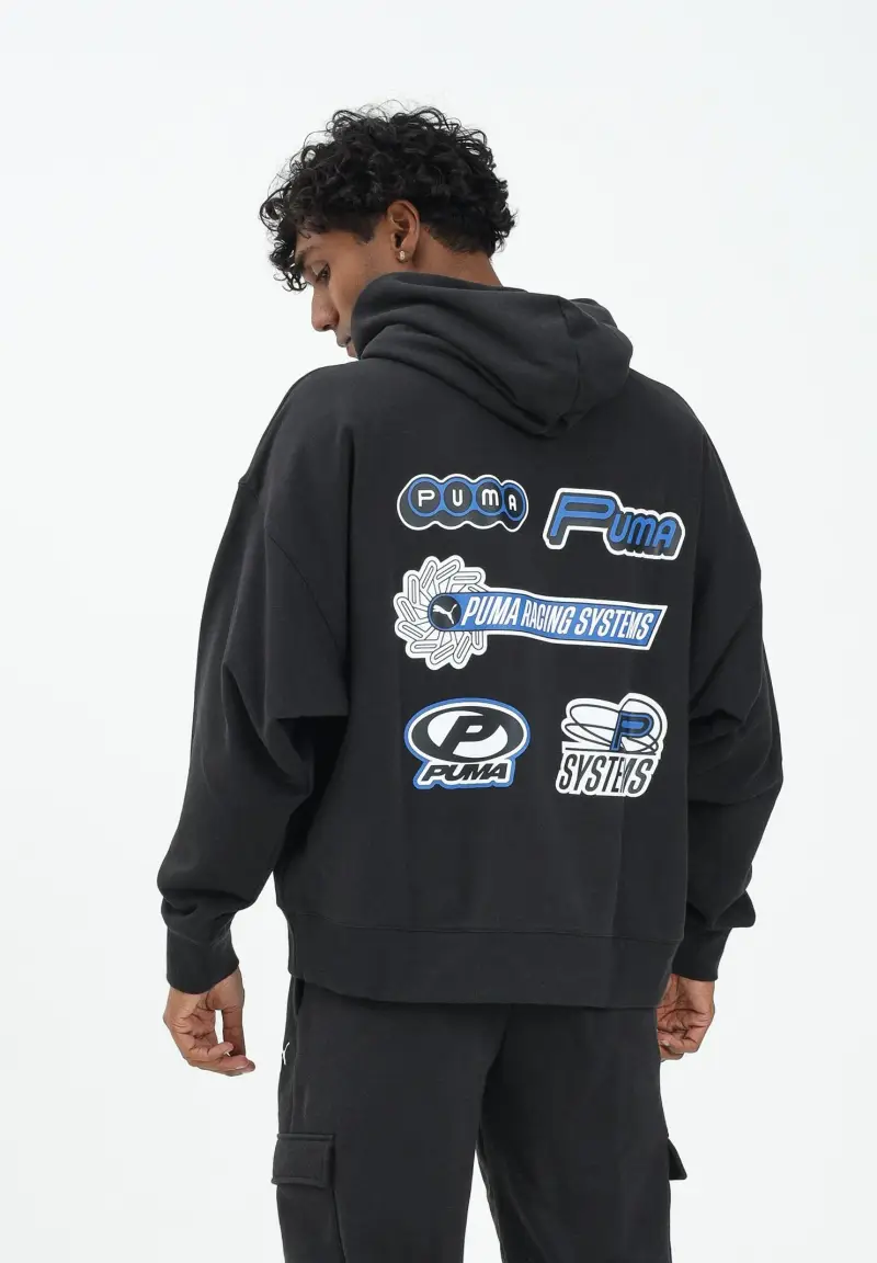 Felpa con cappuccio nera da uomo con logo stampato miniatura 2