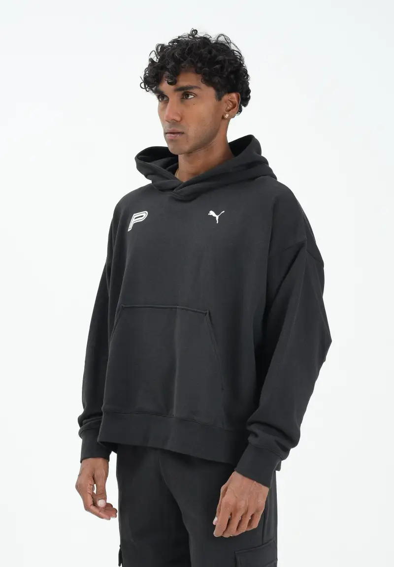 Felpa con cappuccio nera da uomo con logo stampato