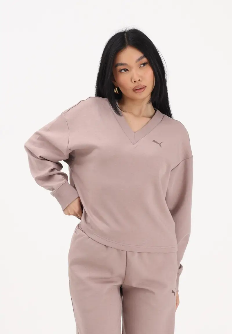 Felpa con scollo a V Essentials Elevated rosa da donna miniatura 2