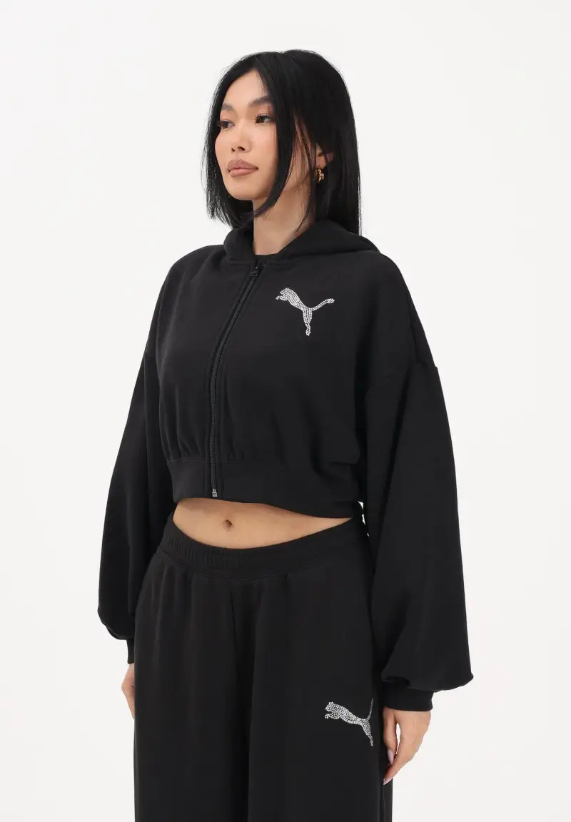 Felpa con zip Essentials Graphics Bedazzled nera da donna