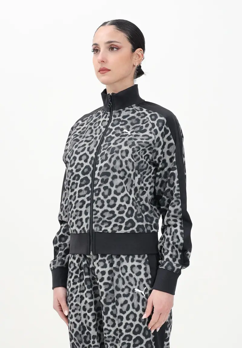 PUMA Felpa con zip T7 Leo Luxe All-Over Print nera da donna