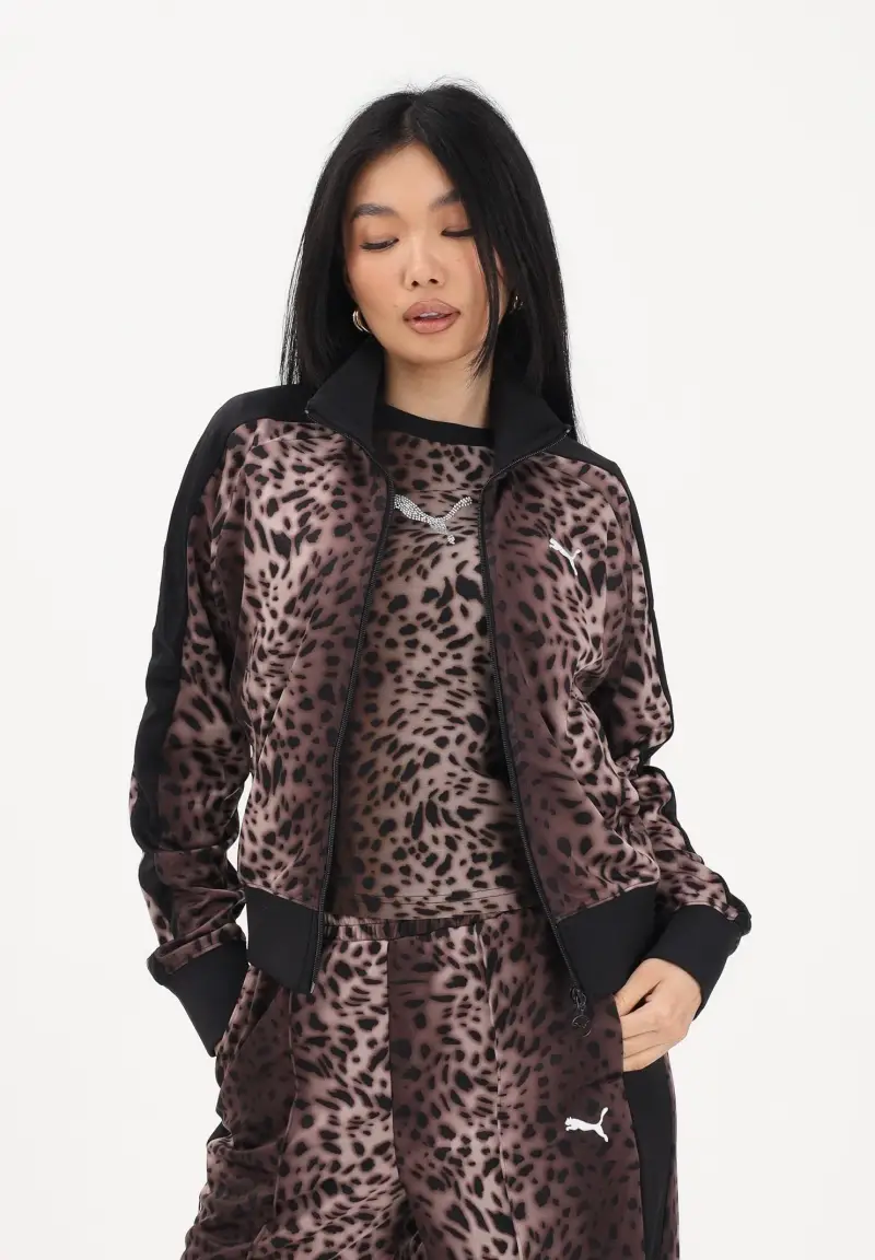 Felpa con zip T7 Leo Luxe marrone e nera da donna miniatura 2