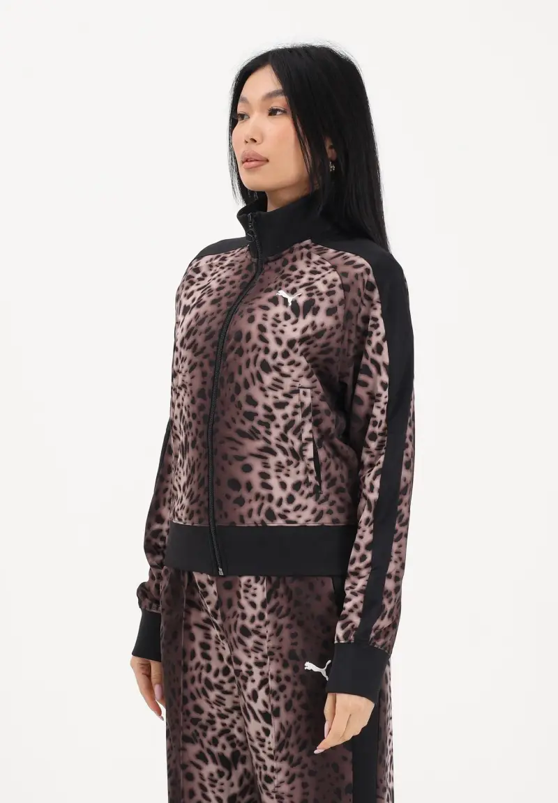 Felpa con zip T7 Leo Luxe marrone e nera da donna