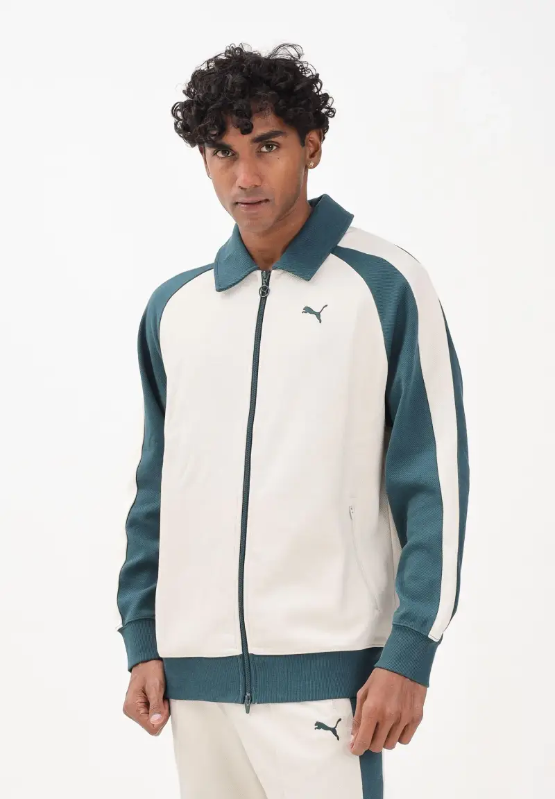 Felpa con zip T7 panna e verde da uomo miniatura 2