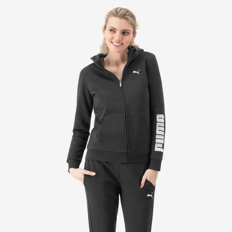 Felpa donna fitness Puma con zip e cappuccio misto cotone pesante nera | Puma Nero