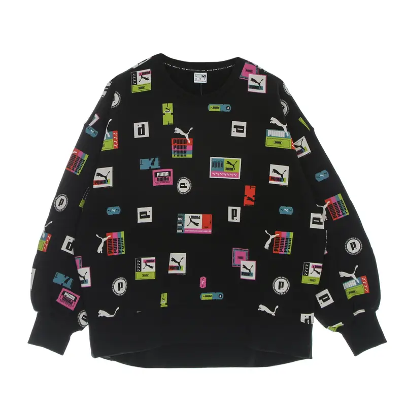 Felpa Leggera Girocollo Donna Brand Love Oversized All Over Print Crew Black