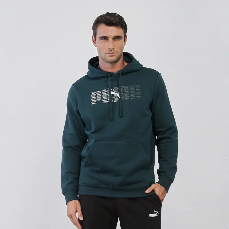 Felpa sportiva verde da uomo con maxi logo e cappuccio