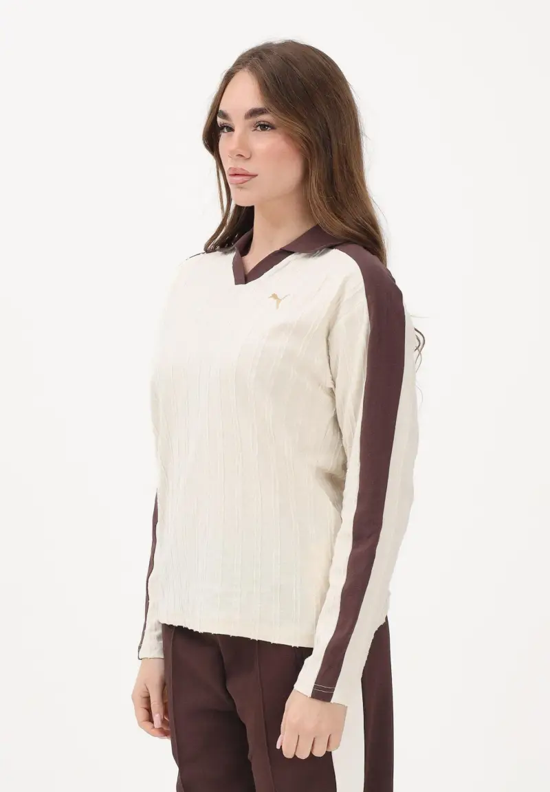 Polo a manica lunga T7 Relaxed panna e marrone da donna