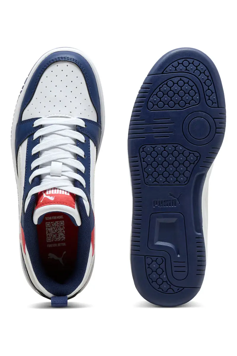 Sneakers bianche blu e rosse stile basket Puma Rebound V6 Lo Jr [BIANCO miniatura 5