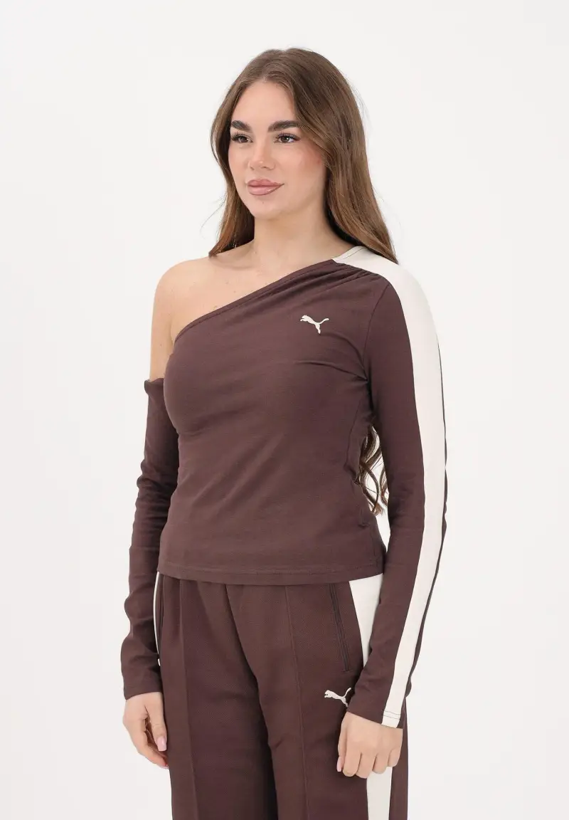 Top asimmetrico T7 marrone da donna