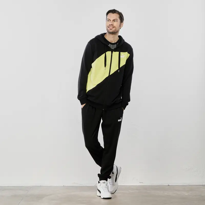 Tuta sportiva nera con felpa con zip e cappuccio