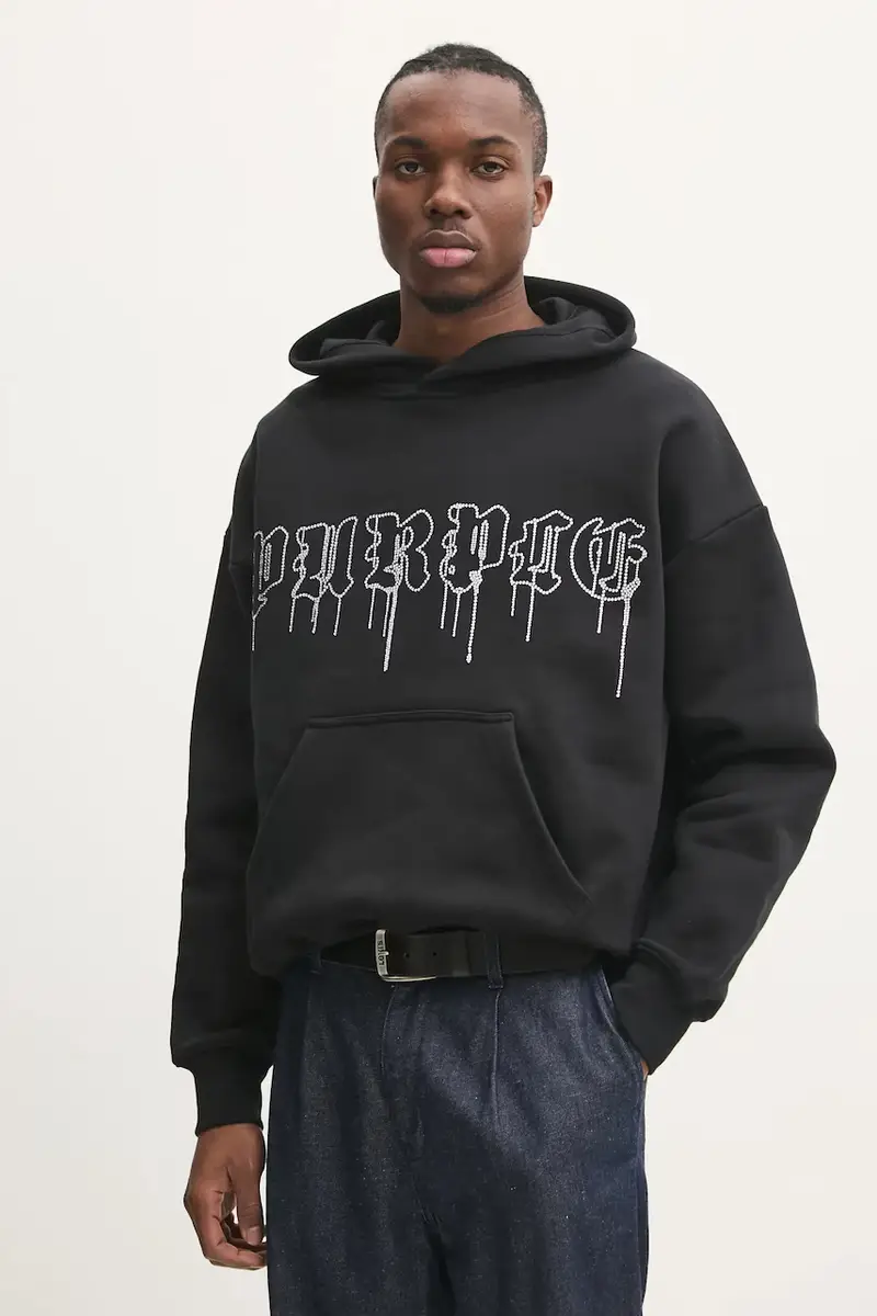 felpa in cotone HWT FLEECE PO HOODY uomo colore nero con cappuccio con applicazione P401-HBGD125