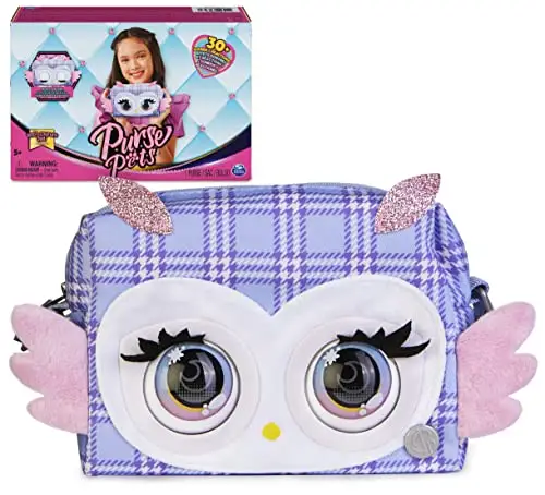 Purse Pets | BORSETTA PRINT PERFECT | versione Gufetta Viola Scozzese, oltre 30 effetti sonori e reazioni, giocattoli
