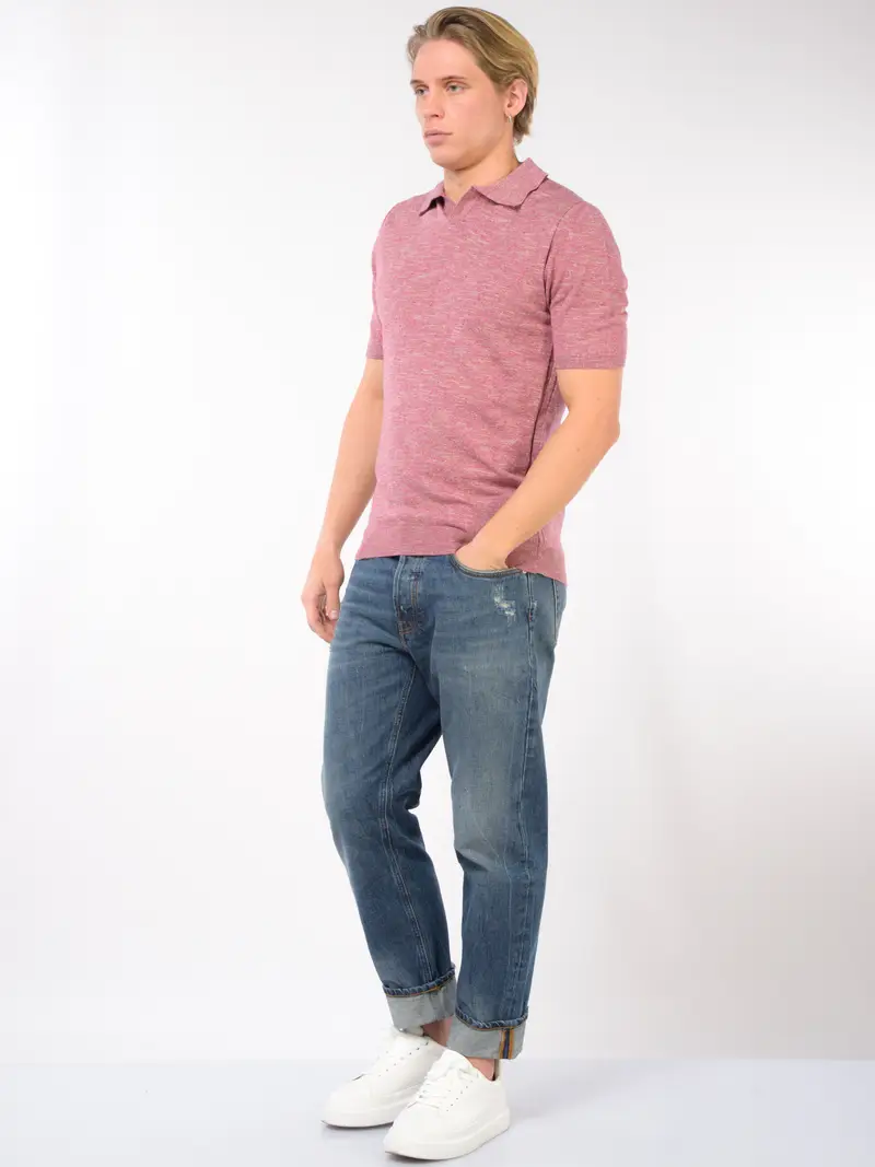 polo da uomo Qb24 in misto lino effetto melange Rosa miniatura 2