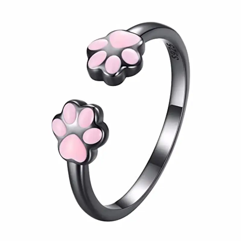 Qings Anello Regolabile Impronta di Zampa in Argento Sterling 925, Placcato Nero Oro Animale Aperto Anello Smalto Rosa