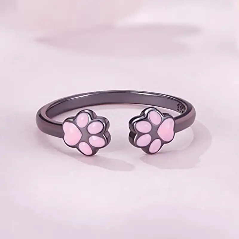 Qings Anello Regolabile Impronta di Zampa in Argento Sterling 925, Placcato Nero Oro Animale Aperto Anello Smalto Rosa miniatura 3