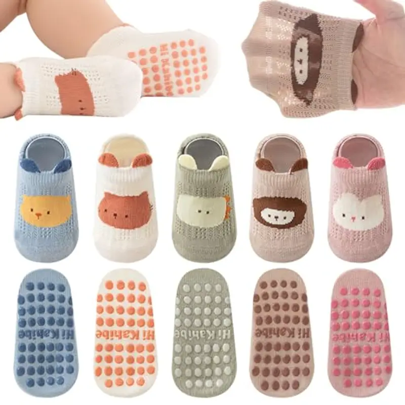 QIYIENDIAN Calzini a rete Antiscivolo Cotone traspirante 5 paia calzini alla caviglia per bambini(C-Multicolor-Animal,3-5Y)