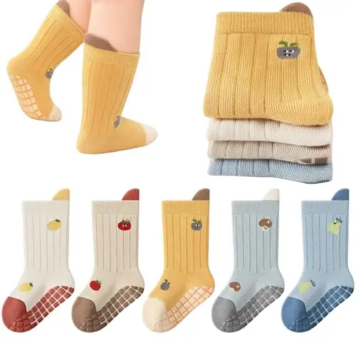 QIYIENDIAN Calzini antiscivolo per bambini in cotone 5 paia calzini neonati animati（Blue fruit，1