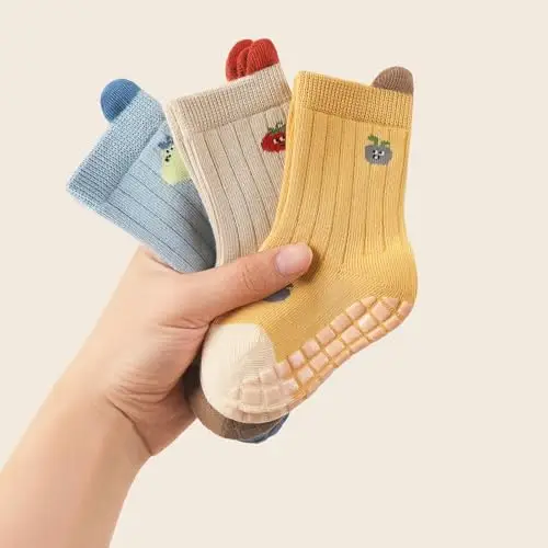 QIYIENDIAN Calzini antiscivolo per bambini in cotone 5 paia calzini neonati animati（Blue fruit，1 miniatura 3