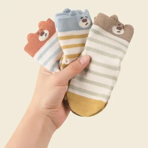 QIYIENDIAN Calzini antiscivolo per bambini in cotone 5 paia calzini neonati animati（Striped bear，1 miniatura 3