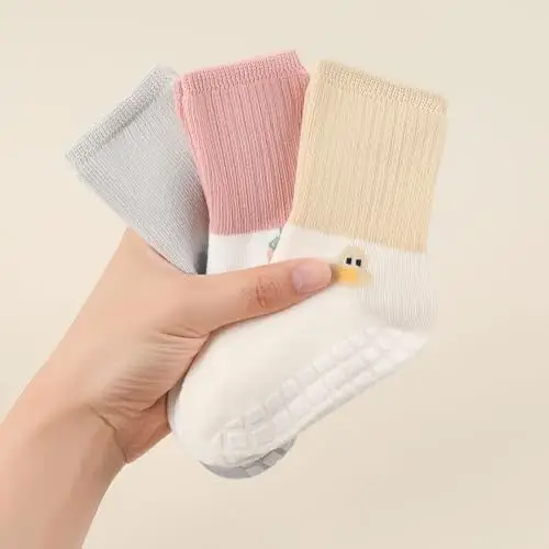 QIYIENDIAN Calzini antiscivolo per bambini in cotone 5 paia calzini neonati animati（Yellow duck，1 miniatura 3