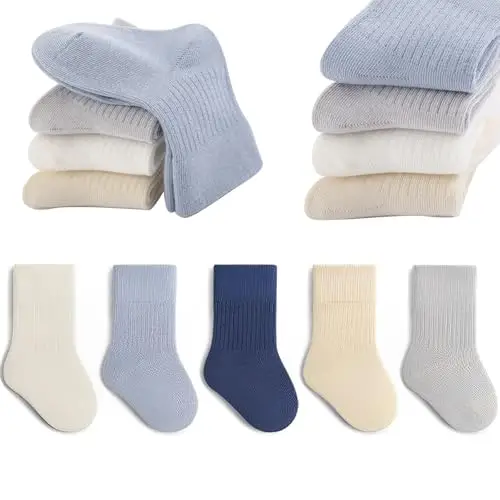QIYIENDIAN Calzini in cotone morbido 5 paia di calzini elastici colori solidi bambini Ragazzi Ragazze（Blue,5