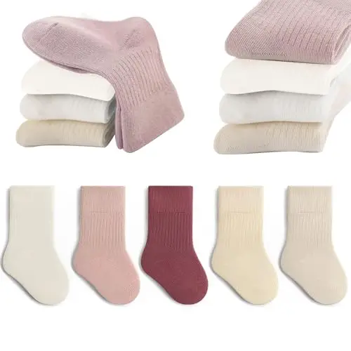 QIYIENDIAN Calzini in cotone morbido 5 paia di calzini elastici colori solidi bambini Ragazzi Ragazze（Pink,5